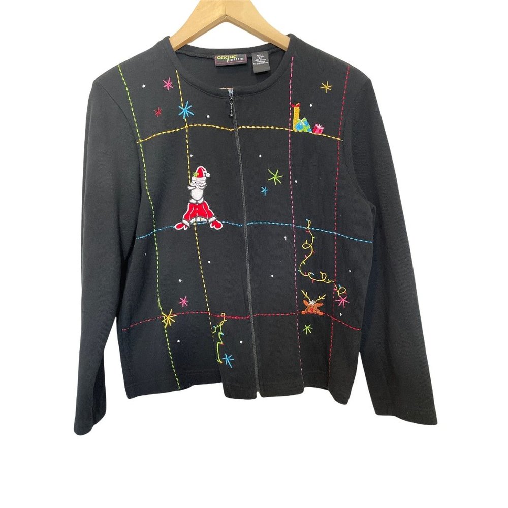 Onque Womens Petite Medium Full Zip‎ Up Black Christmas Sweater Cardigan Cotton